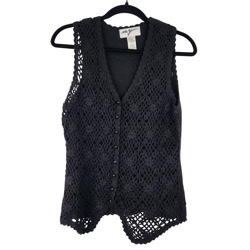 VTG My Black Floral Knit Vest Women's Small Silk Angora Rabbit Hair Lambswool